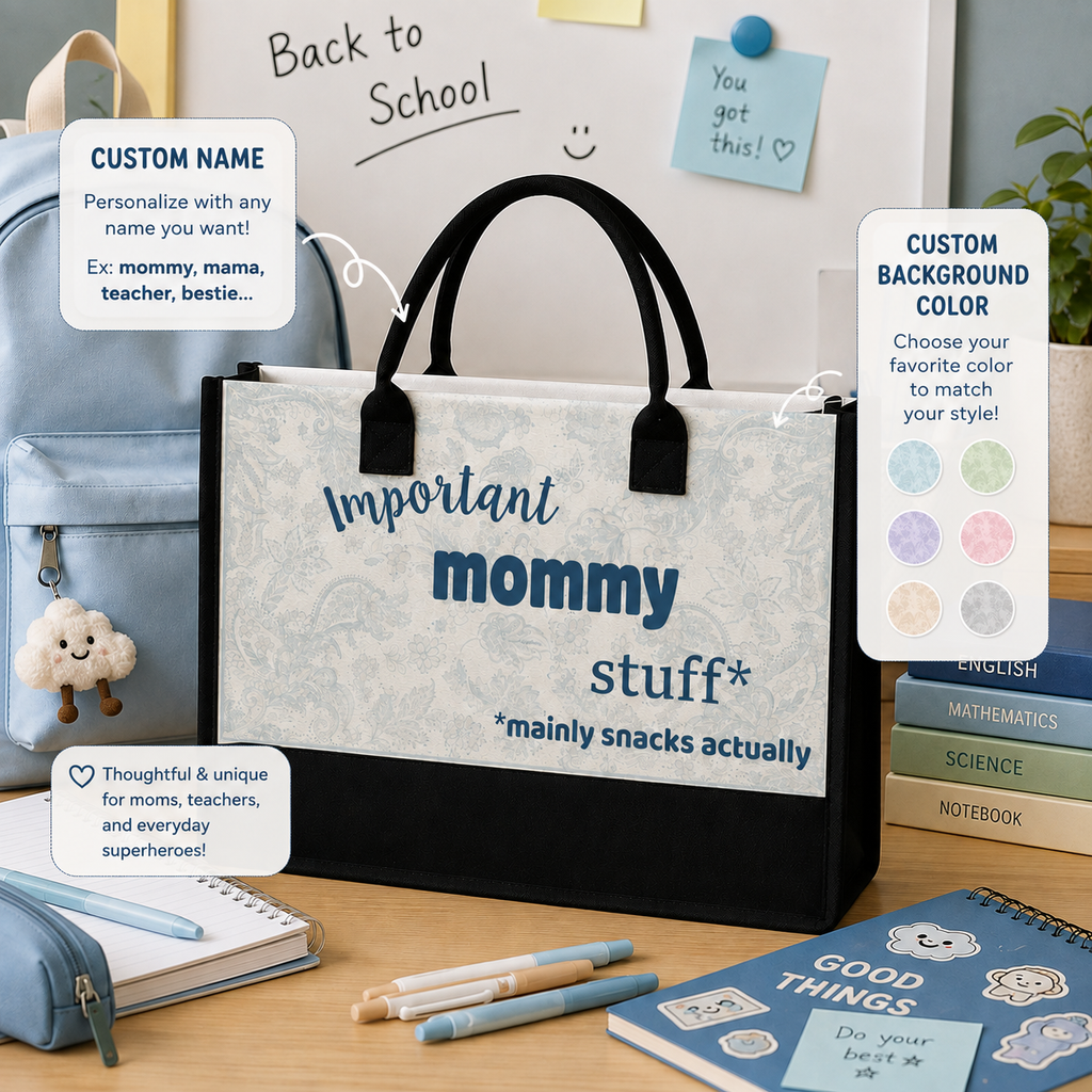 Personalized Tote Bag with Custom Name, Important Stuff Mainly Snacks Actually Tote, Custom Mom Teacher Gift, Back to School Bag
