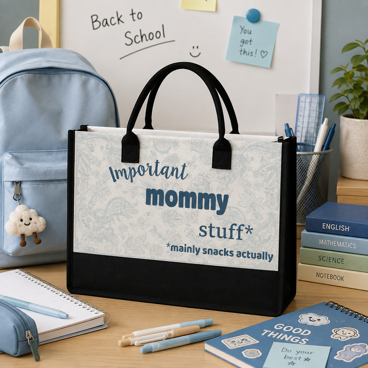 Personalized Tote Bag with Custom Name, Important Stuff Mainly Snacks Actually Tote, Custom Mom Teacher Gift, Back to School Bag