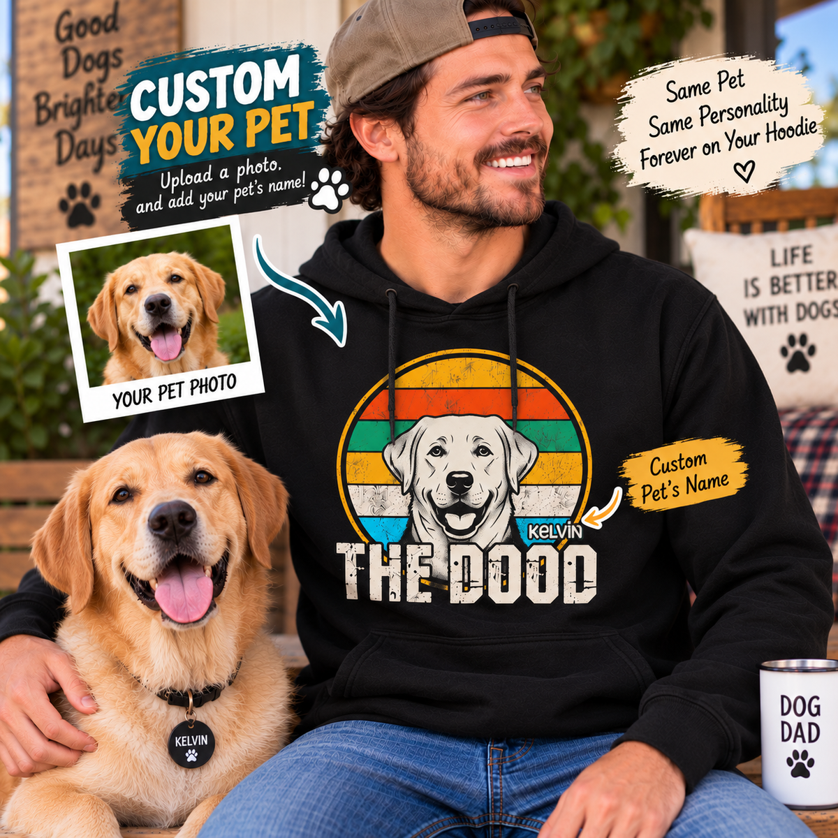 Personalized Pet Photo Hoodie – Custom Dog Cat Portrait & Pet Name Hoodie, Vintage Pet Lover Sweatshirt, Dog Mom Dad Gift