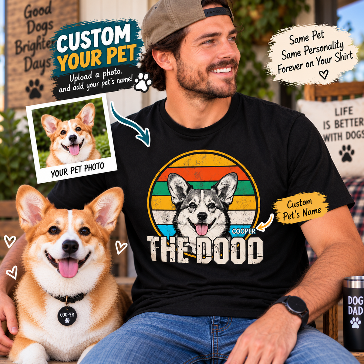 Personalized Pet Photo T-Shirt – Custom Dog Cat Portrait & Pet Name Shirt, Vintage Pet Lover Tee, Dog Mom Dad Gift