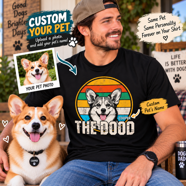 Personalized Pet Photo T-Shirt – Custom Dog Cat Portrait & Pet Name Shirt, Vintage Pet Lover Tee, Dog Mom Dad Gift Hover Image