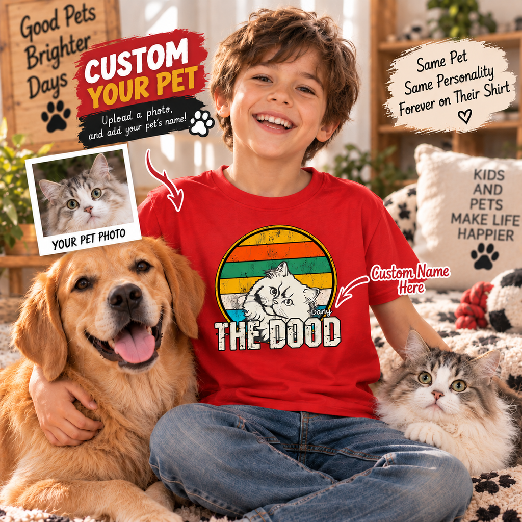 Personalized Pet Photo Youth T-Shirt – Custom Dog Cat Portrait & Pet Name Kids Shirt, Vintage Pet Lover Tee, Gift for Kids