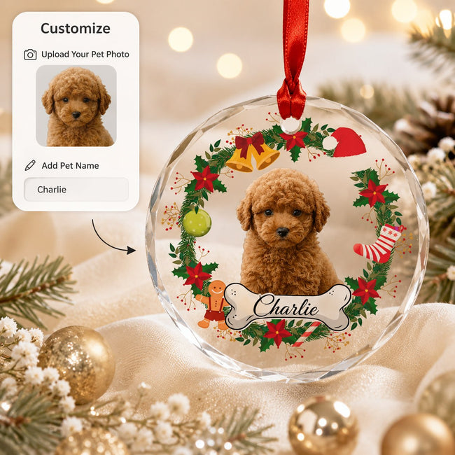 Custom Photo Dog Cat Glass Ornament - Personalized Ornament Hover Image