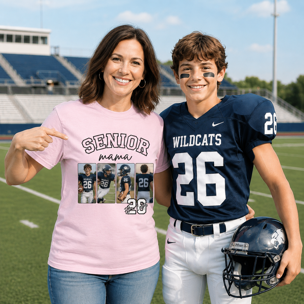 Personalized Game Day Shirt with Photos, Senior Mama Sports Mom Shirt, Custom Football Mom Shirt with Player Name & Jersey Number