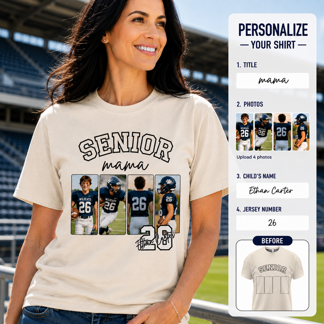 Personalized Game Day Shirt with Photos, Senior Mama Sports Mom Shirt, Custom Football Mom Shirt with Player Name & Jersey Number Hover Image